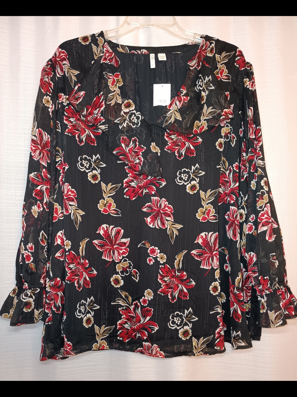 Cato Black Floral Ruffle Neck Blouse - Red & Tan Accents